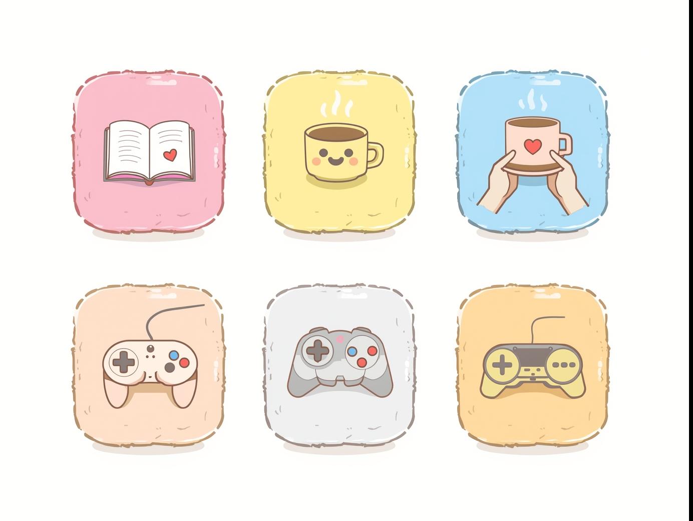 Ilustração de várias caixinhas com ícones fofos (livros, café, videogame).